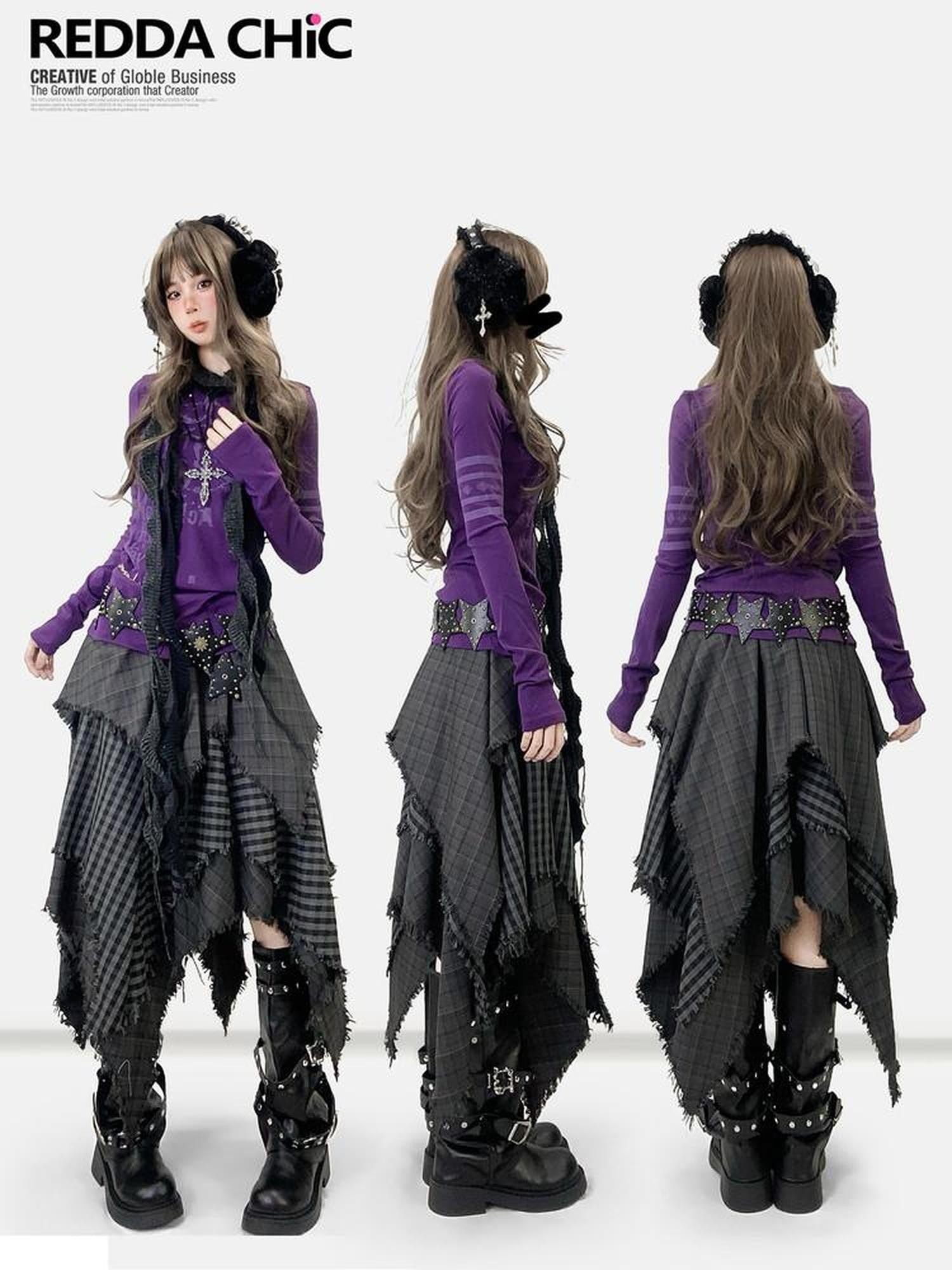 REDDACHIC Gray Asymmetrical Plaid Patchwork Pleated A Line High Waist Women'S Maxi Skirts
