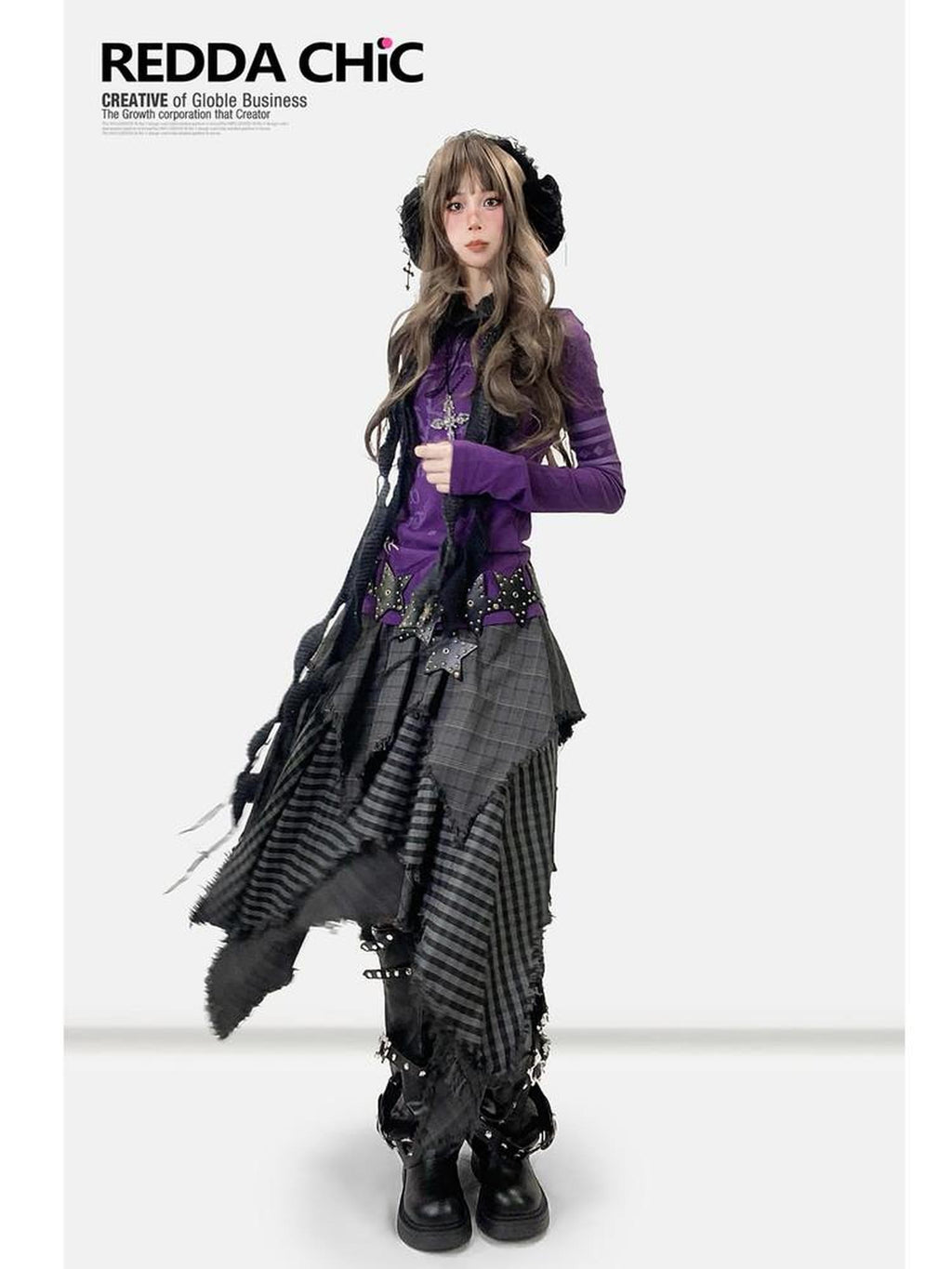 REDDACHIC Gray Asymmetrical Plaid Patchwork Pleated A Line High Waist Women'S Maxi Skirts