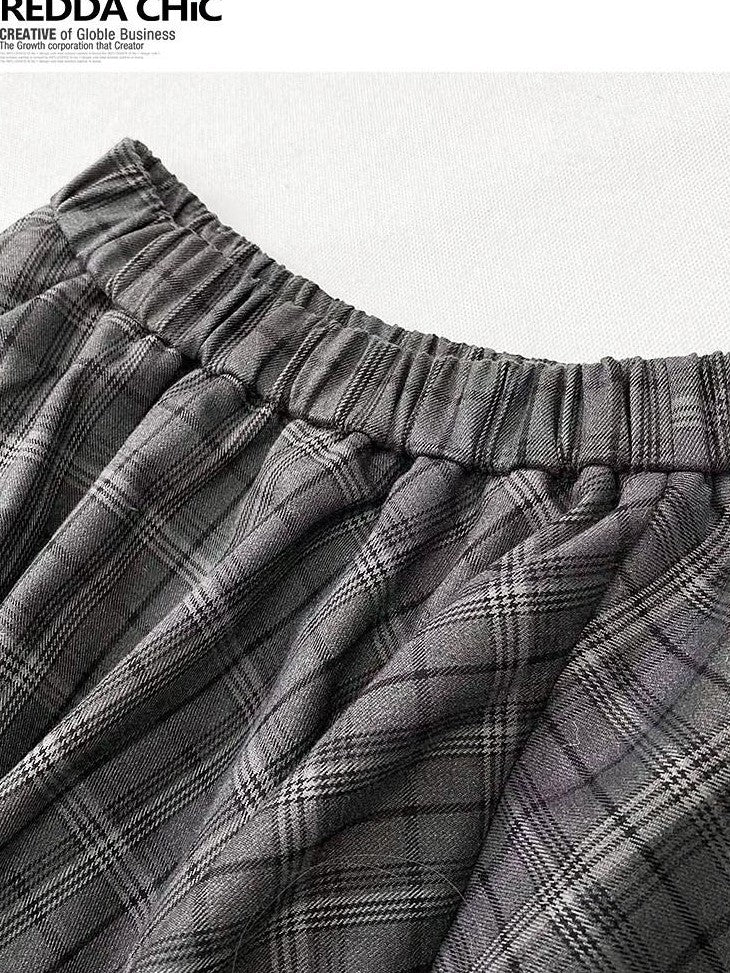 REDDACHIC Gray Asymmetrical Plaid Patchwork Pleated A Line High Waist Women'S Maxi Skirts
