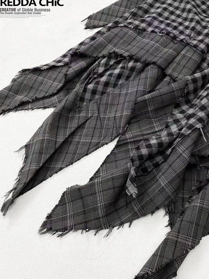 REDDACHIC Gray Asymmetrical Plaid Patchwork Pleated A Line High Waist Women'S Maxi Skirts