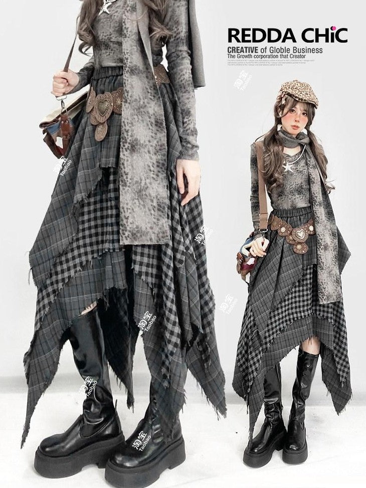 REDDACHIC Gray Asymmetrical Plaid Patchwork Pleated A Line High Waist Women'S Maxi Skirts