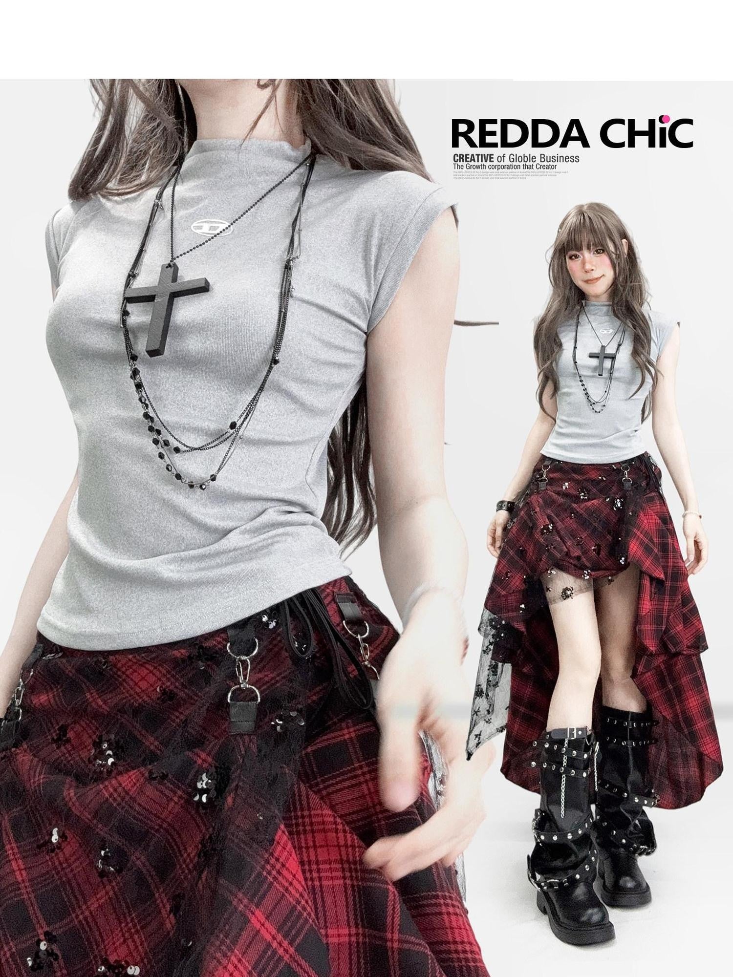 REDDACHIC Gray Blue Mock Neck Cinched Waist Cropped Slim Women'S Polyester Tank Tops