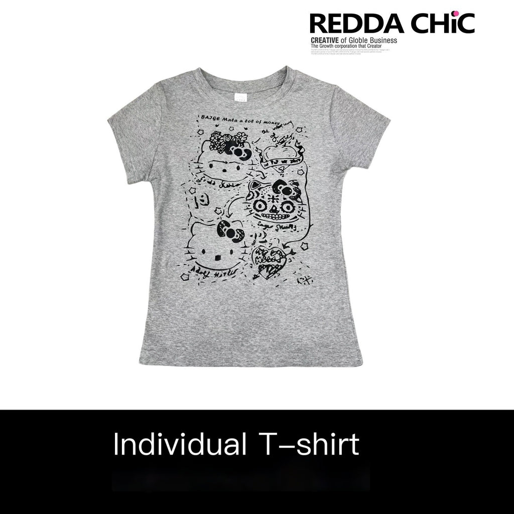 REDDACHIC_Gray_Cartoon_Kitty_Print_Cinched_Waist_Cropped_Women'S_Short_Sleeve_T-Shirts_MISSTT