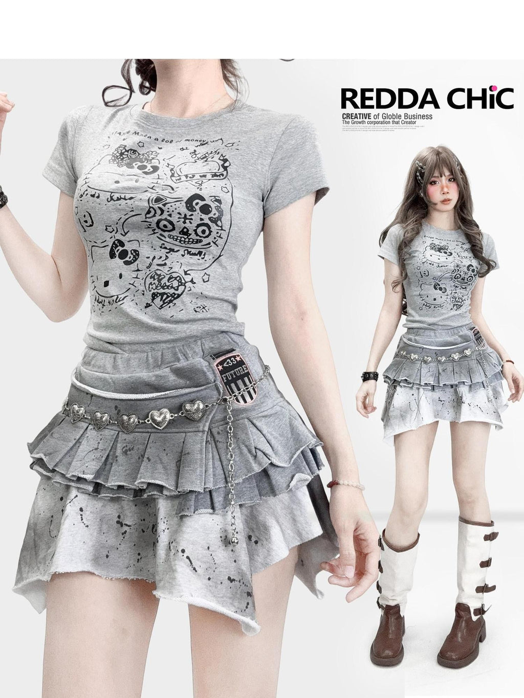 REDDACHIC Gray Cartoon Kitty Print Cinched Waist Cropped Women'S Short Sleeve T-Shirts