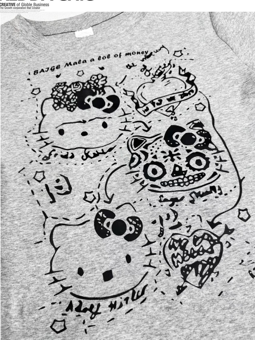 REDDACHIC Gray Cartoon Kitty Print Cinched Waist Cropped Women'S Short Sleeve T-Shirts