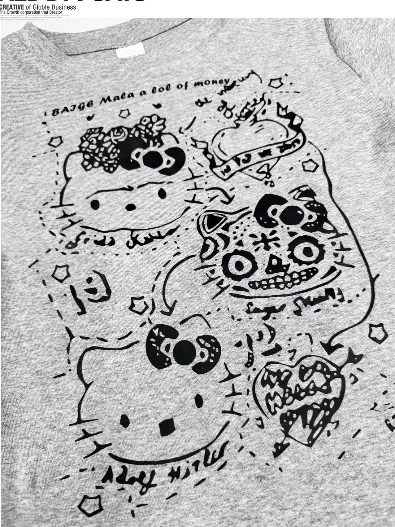 REDDACHIC Gray Cartoon Kitty Print Cinched Waist Cropped Women'S Short Sleeve T-Shirts