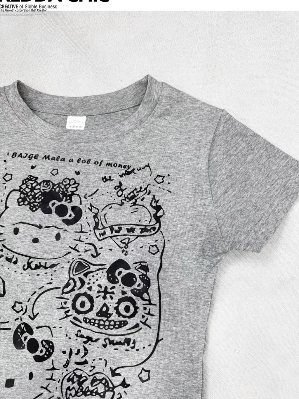 REDDACHIC Gray Cartoon Kitty Print Cinched Waist Cropped Women'S Short Sleeve T-Shirts