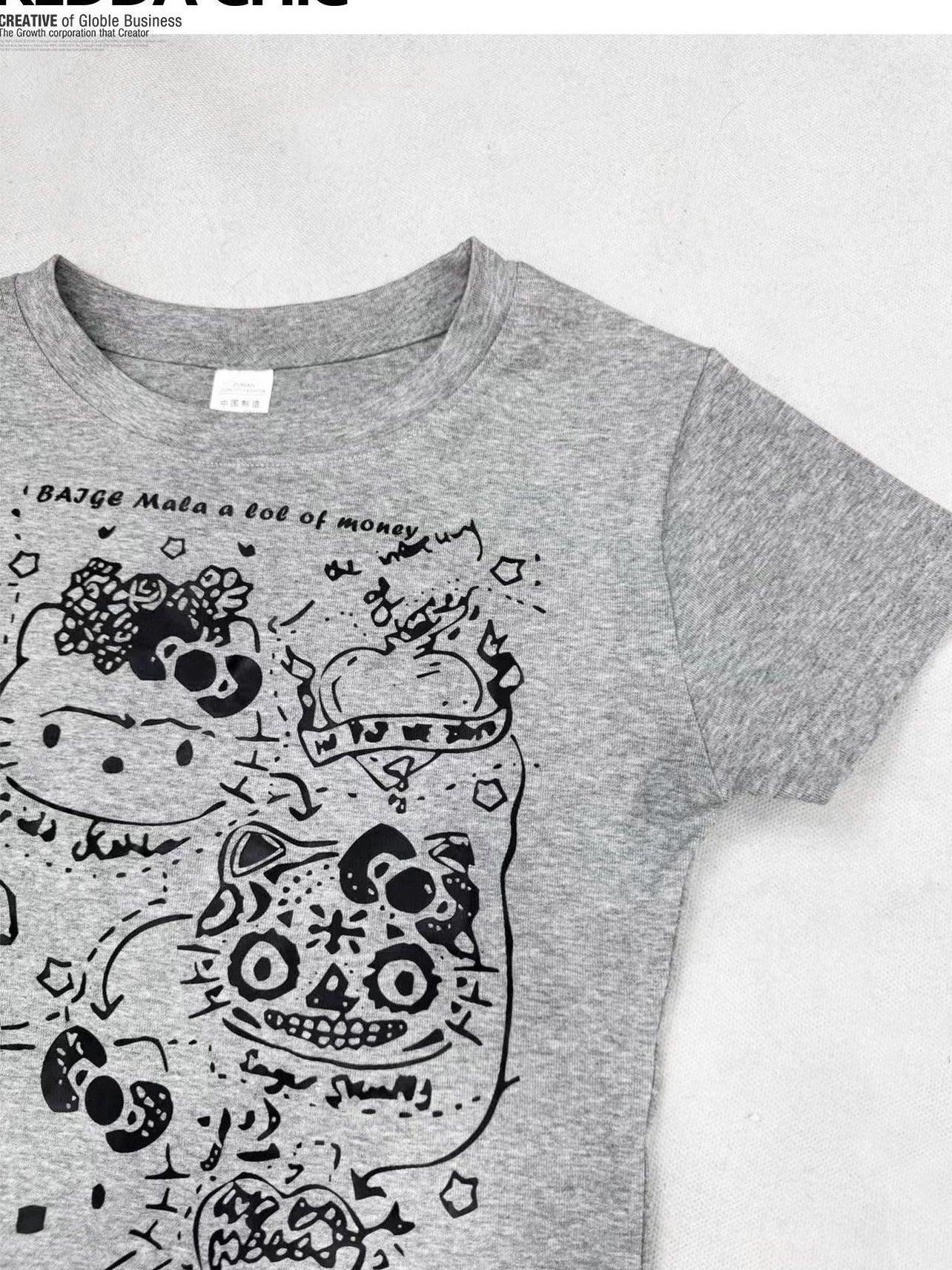 REDDACHIC Gray Cartoon Kitty Print Cinched Waist Cropped Women'S Short Sleeve T-Shirts