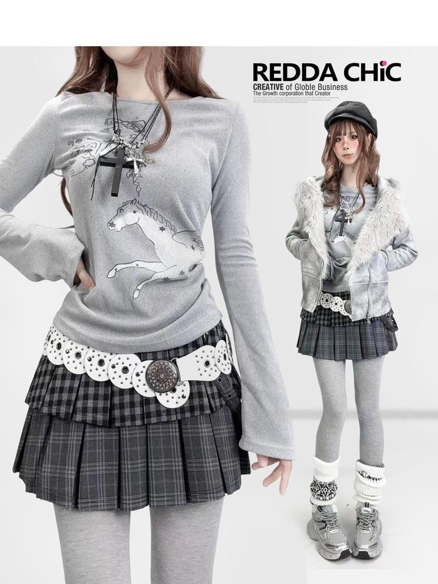 REDDACHIC Gray Cartoon Print Bell Sleeve Slim Women'S Derong Long Sleeve T-Shirts