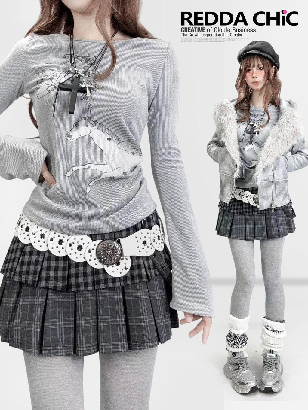 REDDACHIC Gray Cartoon Print Bell Sleeve Slim Women'S Derong Long Sleeve T-Shirts
