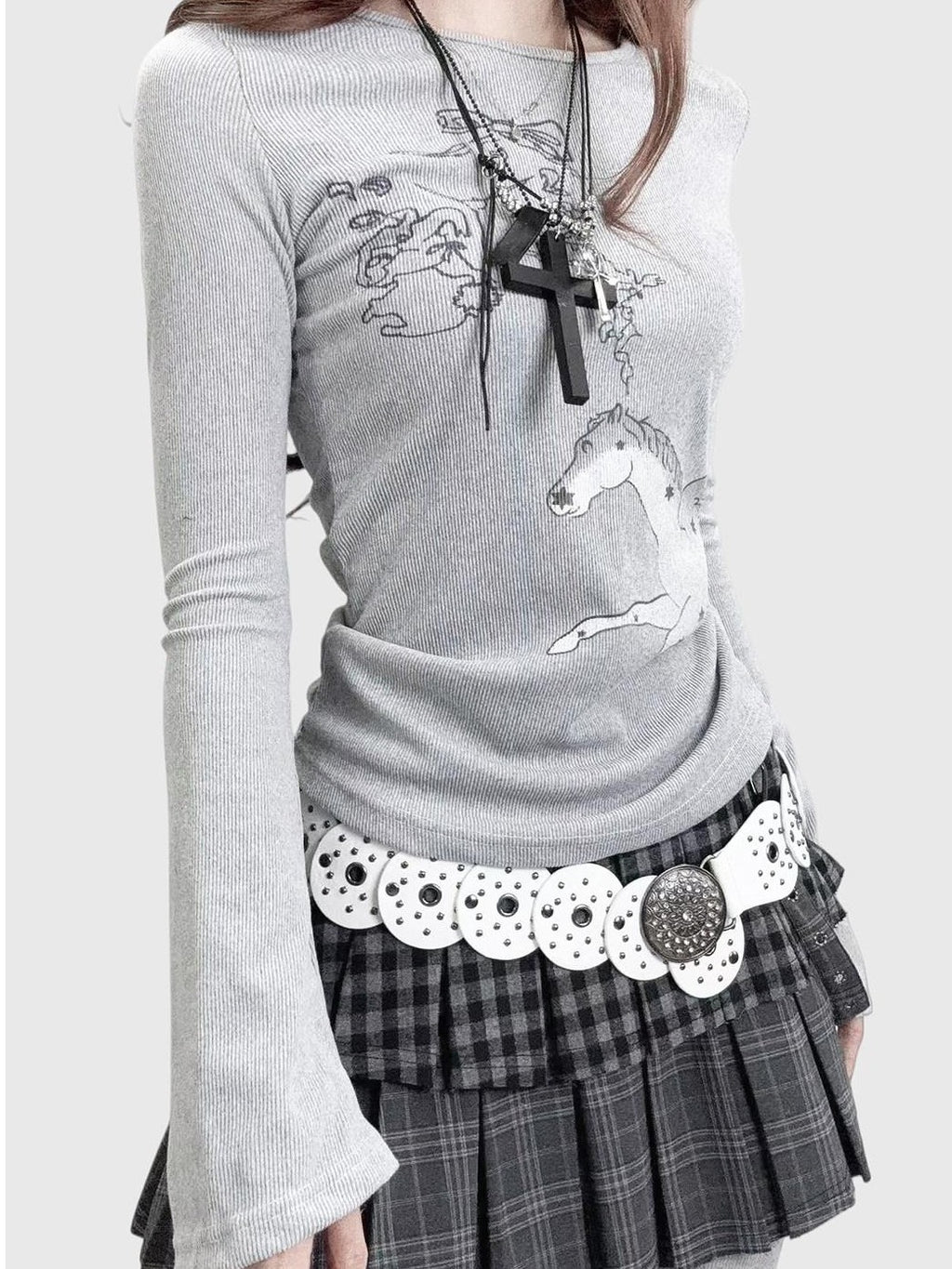 REDDACHIC Gray Cartoon Print Bell Sleeve Slim Women'S Derong Long Sleeve T-Shirts