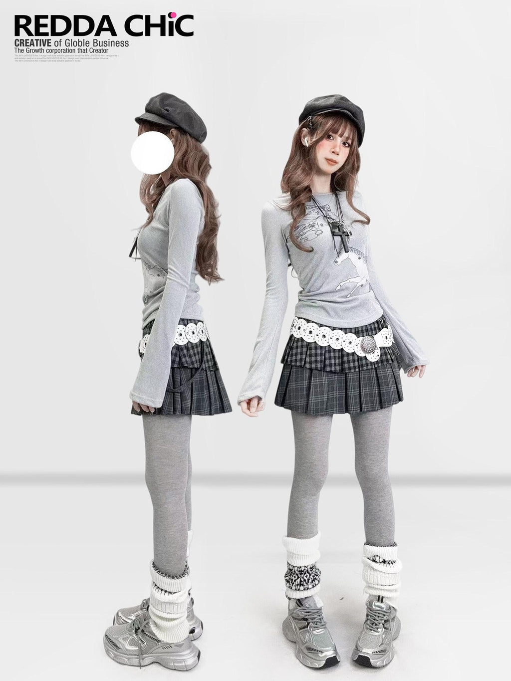 REDDACHIC Gray Cartoon Print Bell Sleeve Slim Women'S Derong Long Sleeve T-Shirts