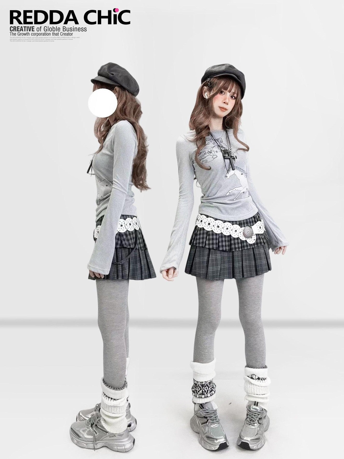 REDDACHIC Gray Cartoon Print Bell Sleeve Slim Women'S Derong Long Sleeve T-Shirts