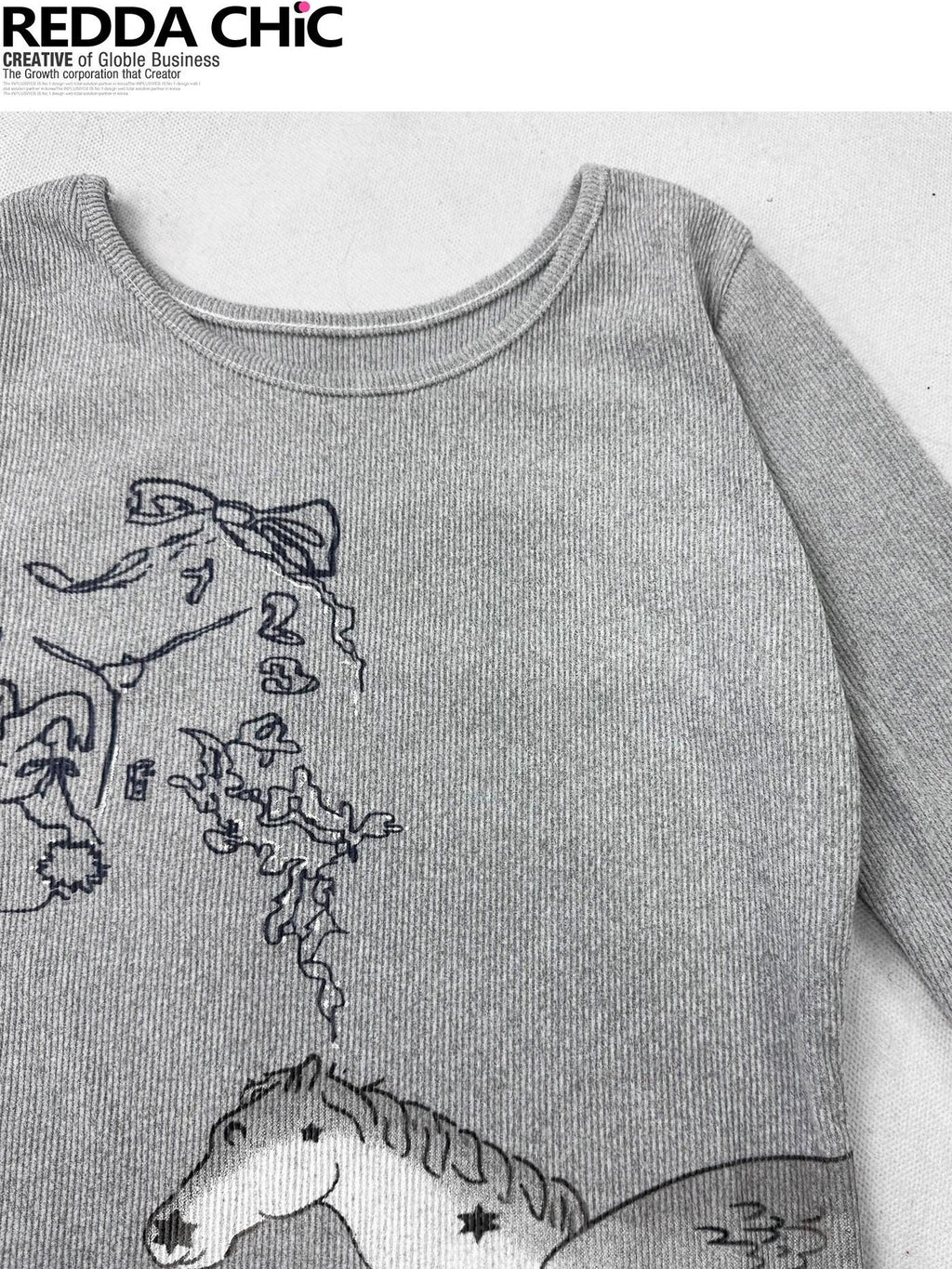 REDDACHIC Gray Cartoon Print Bell Sleeve Slim Women'S Derong Long Sleeve T-Shirts