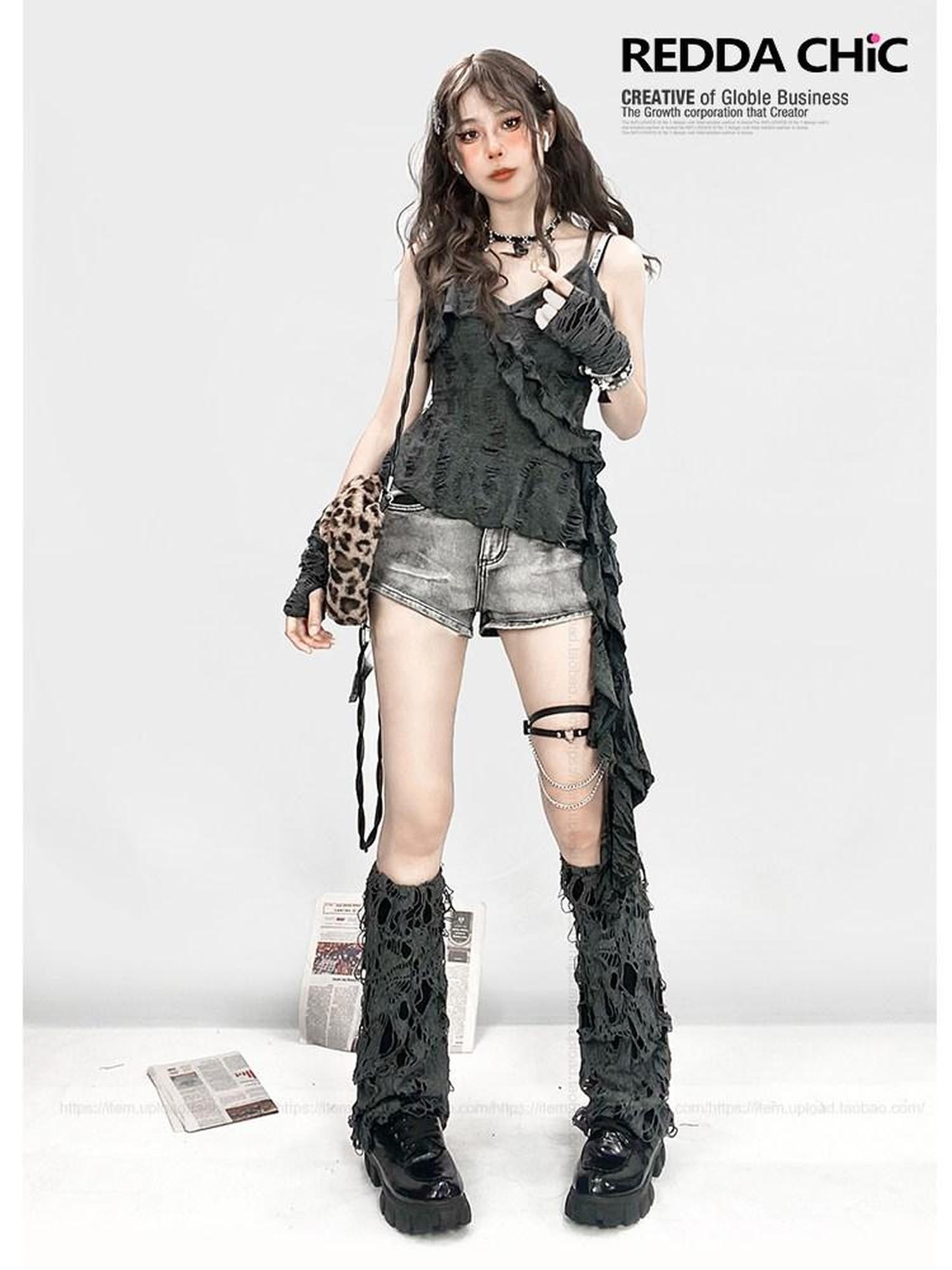 REDDACHIC Gray Distressed Wasteland Cropped Asymmetrical Ruffle Hem Women'S Camisoles