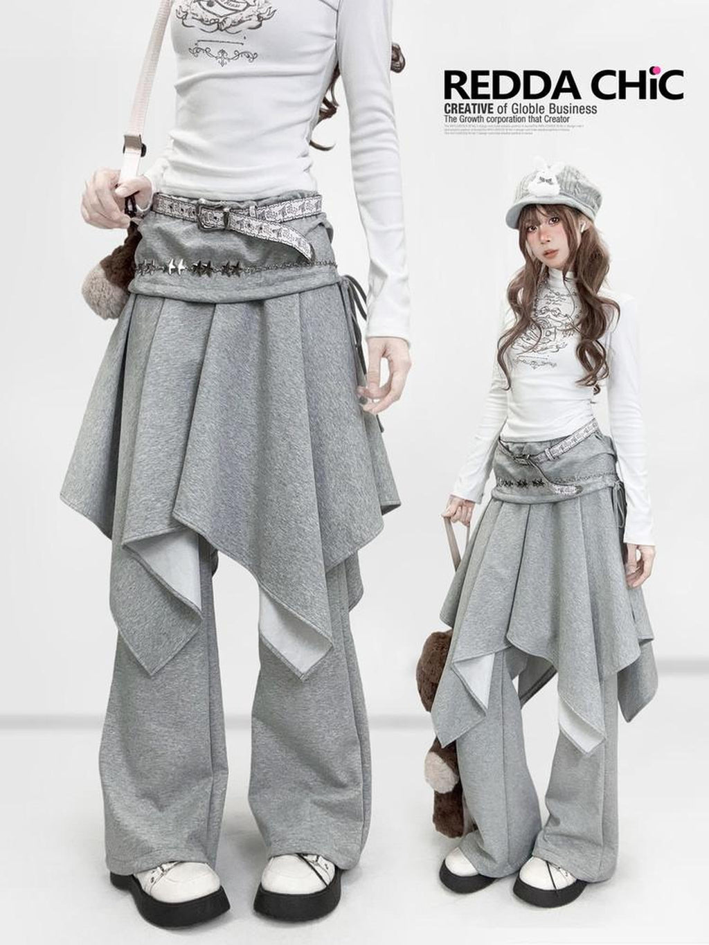 REDDACHIC Gray Faux Layered Drapey Micro Flare Mid Rise Casual Women'S Other Flare Pants