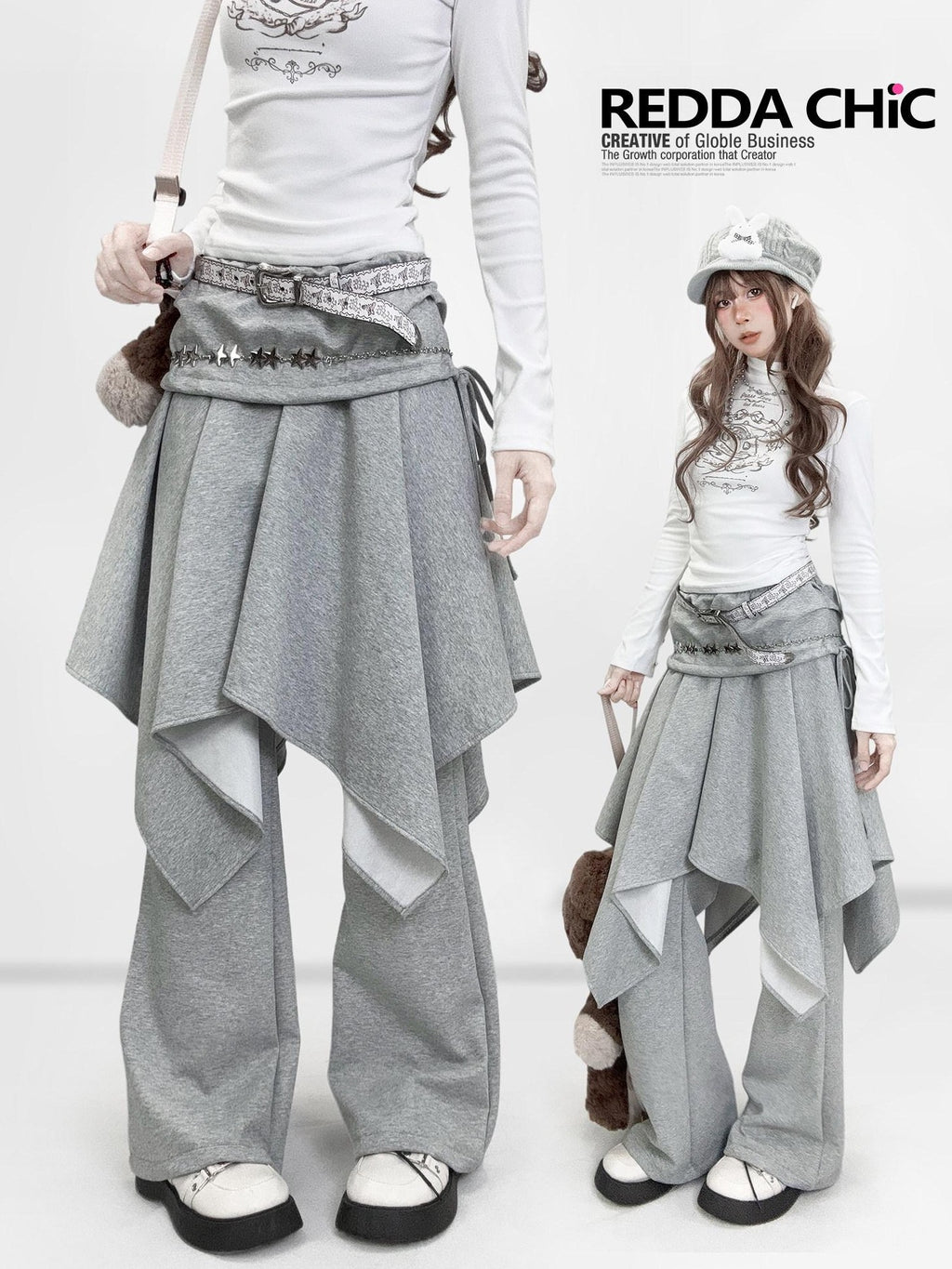 REDDACHIC Gray Faux Layered Drapey Micro Flare Mid Rise Casual Women'S Other Flare Pants