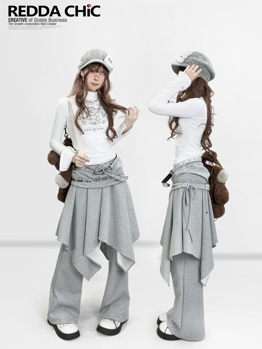 REDDACHIC Gray Faux Layered Drapey Micro Flare Mid Rise Casual Women'S Other Flare Pants