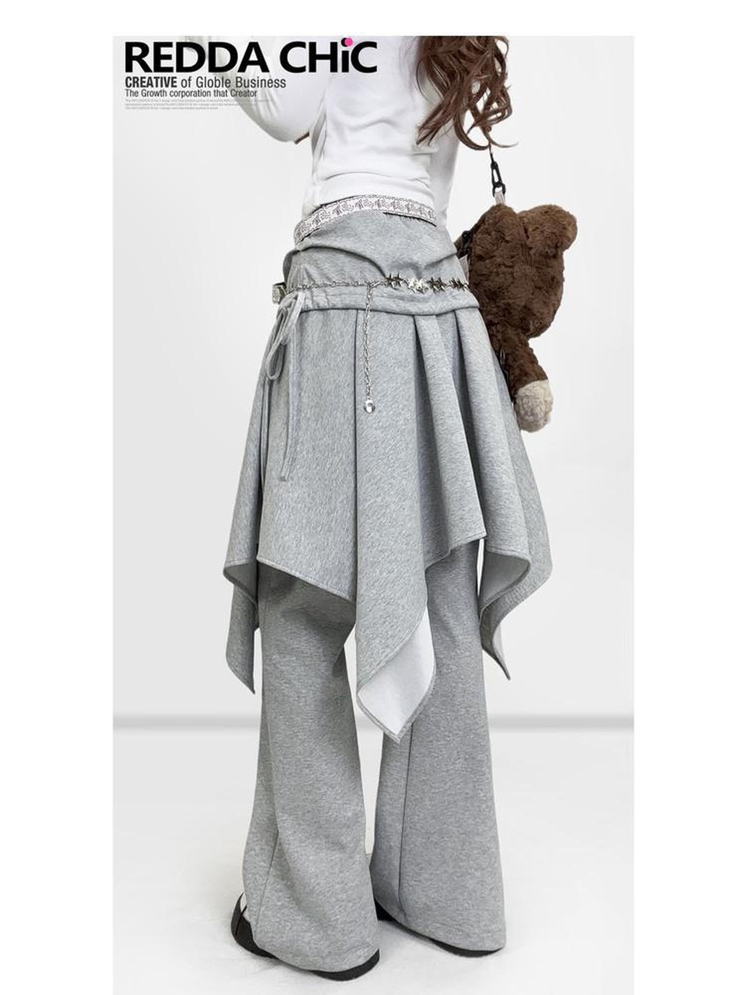 REDDACHIC Gray Faux Layered Drapey Micro Flare Mid Rise Casual Women'S Other Flare Pants