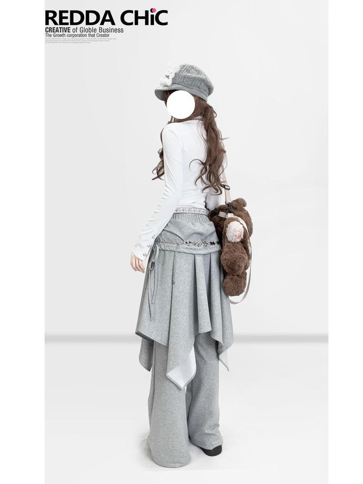 REDDACHIC Gray Faux Layered Drapey Micro Flare Mid Rise Casual Women'S Other Flare Pants