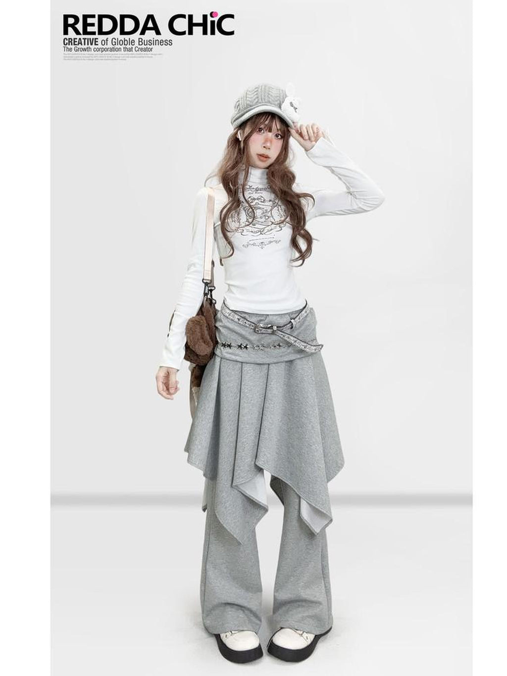 REDDACHIC Gray Faux Layered Drapey Micro Flare Mid Rise Casual Women'S Other Flare Pants