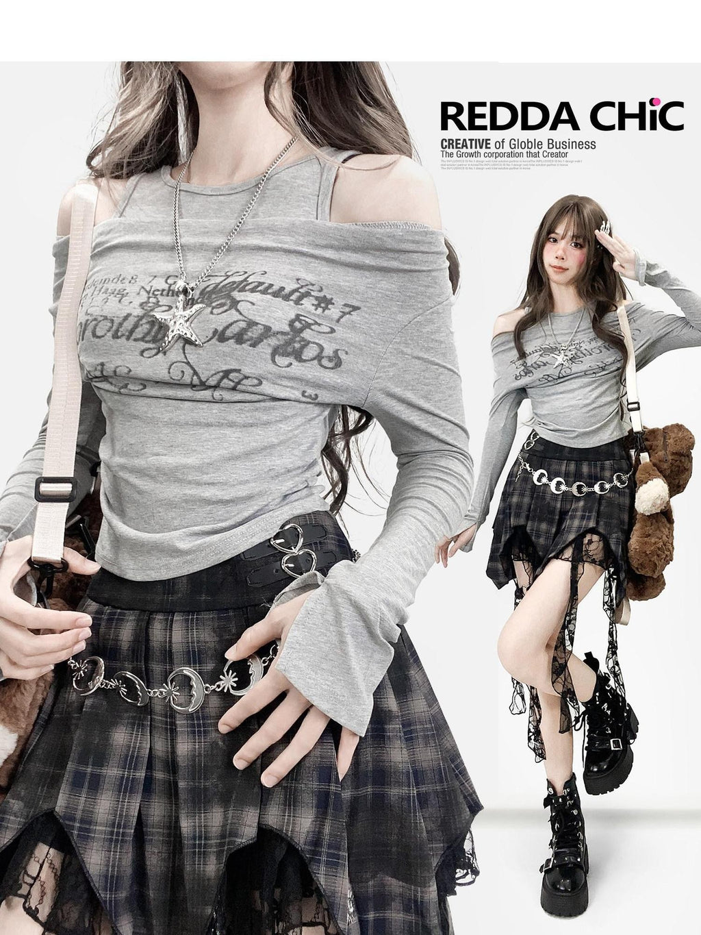 REDDACHIC Gray Off Shoulder Cross Print Faux Two Piece Slim Women'S Long Sleeve T-Shirts