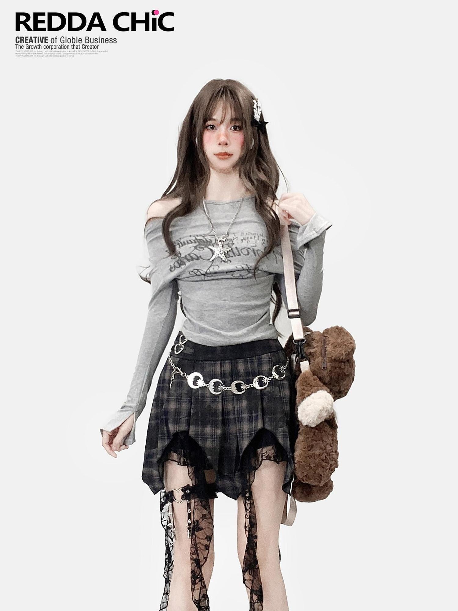 REDDACHIC Gray Off Shoulder Cross Print Faux Two Piece Slim Women'S Long Sleeve T-Shirts