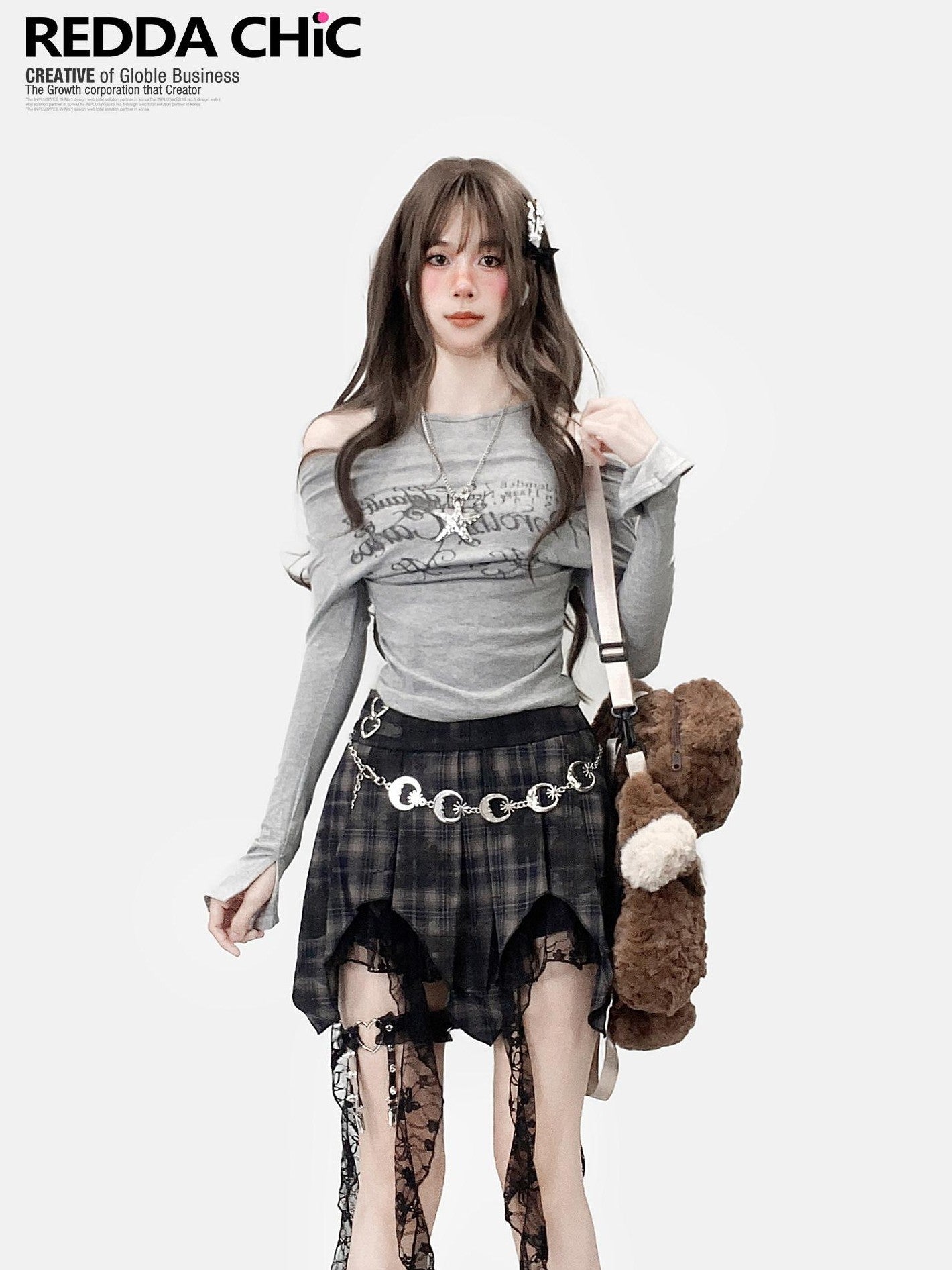REDDACHIC Gray Off Shoulder Cross Print Faux Two Piece Slim Women'S Long Sleeve T-Shirts