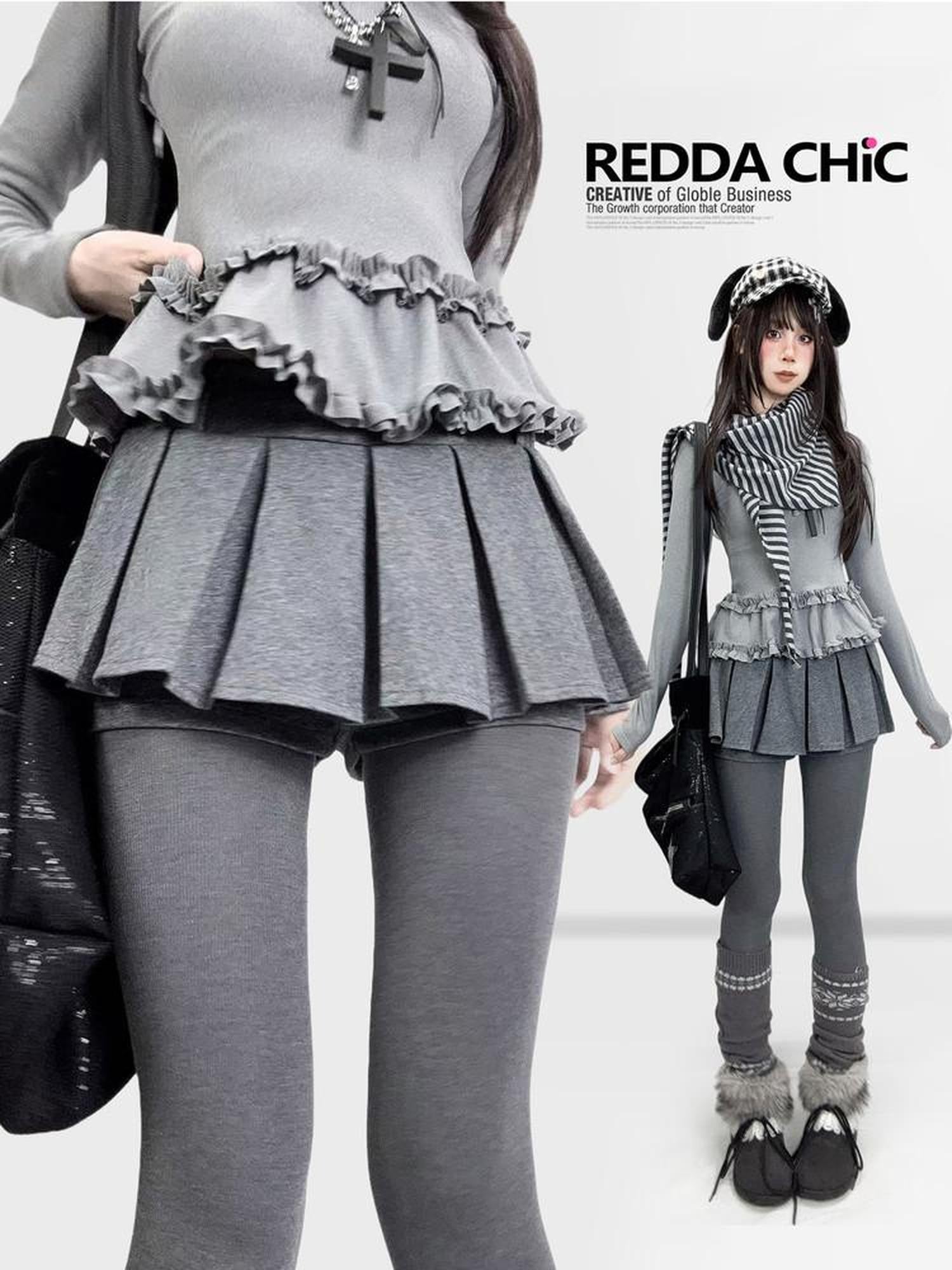 REDDACHIC Gray Pleated A Line Spliced Ruffle Low Waist Women'S Woolen Mini Skirts