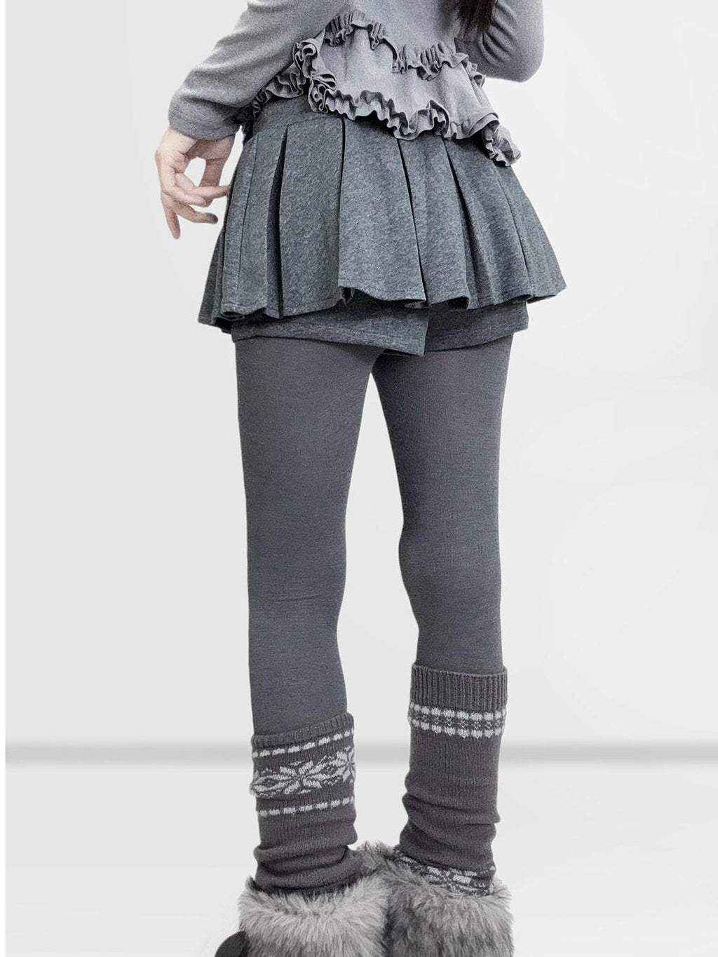 REDDACHIC Gray Pleated A Line Spliced Ruffle Low Waist Women'S Woolen Mini Skirts