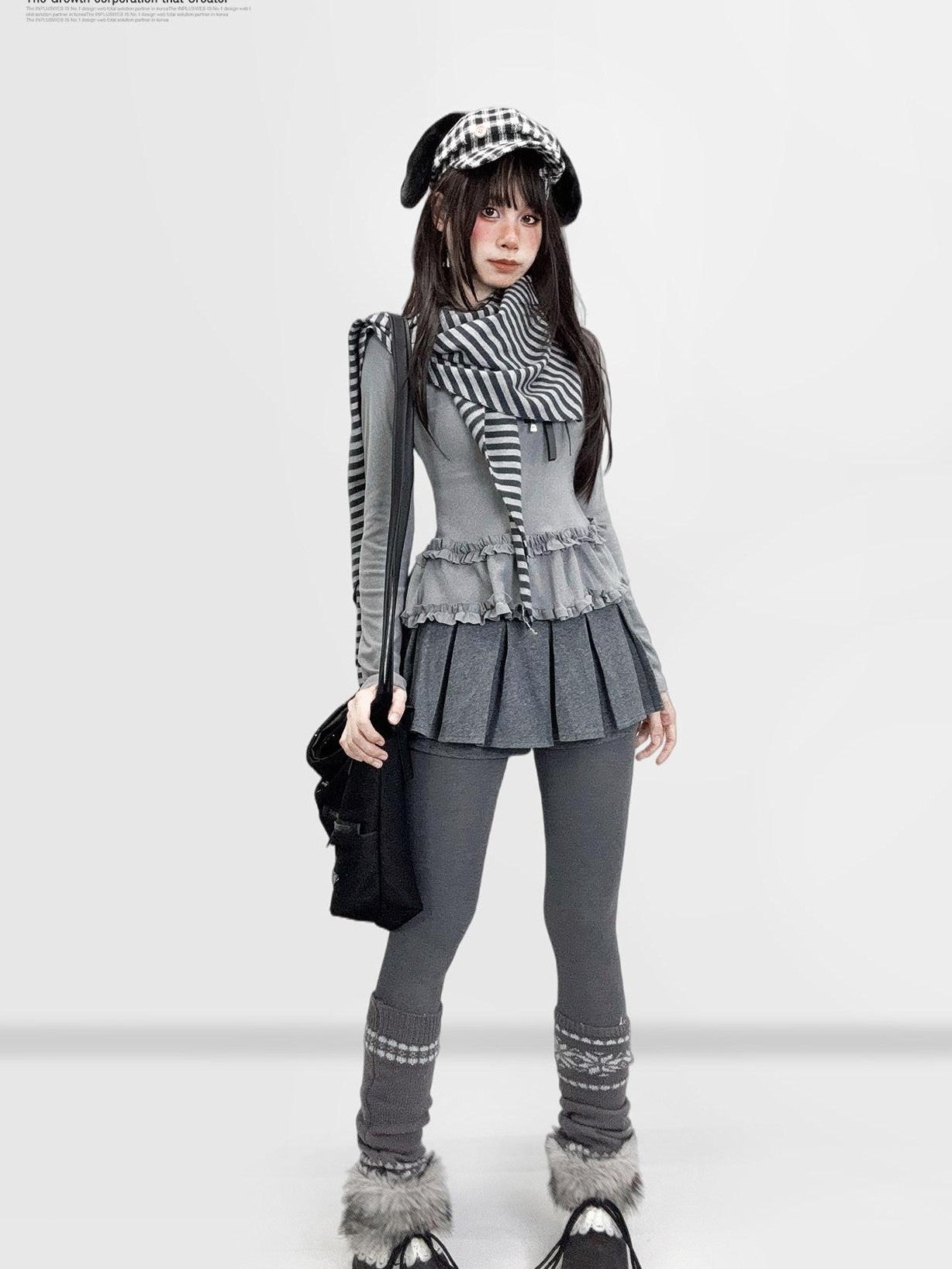 REDDACHIC Gray Pleated A Line Spliced Ruffle Low Waist Women'S Woolen Mini Skirts
