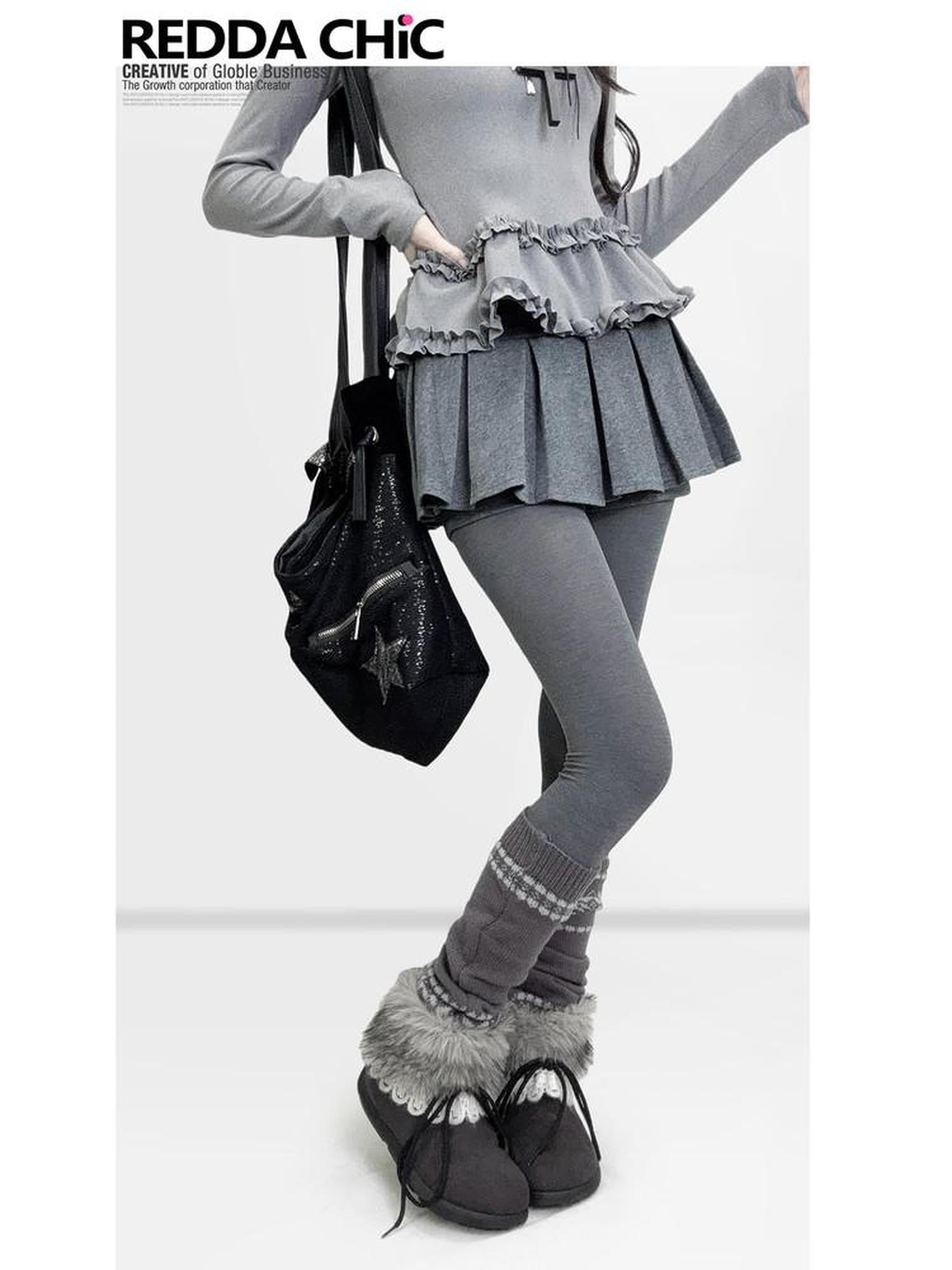 REDDACHIC Gray Pleated A Line Spliced Ruffle Low Waist Women'S Woolen Mini Skirts