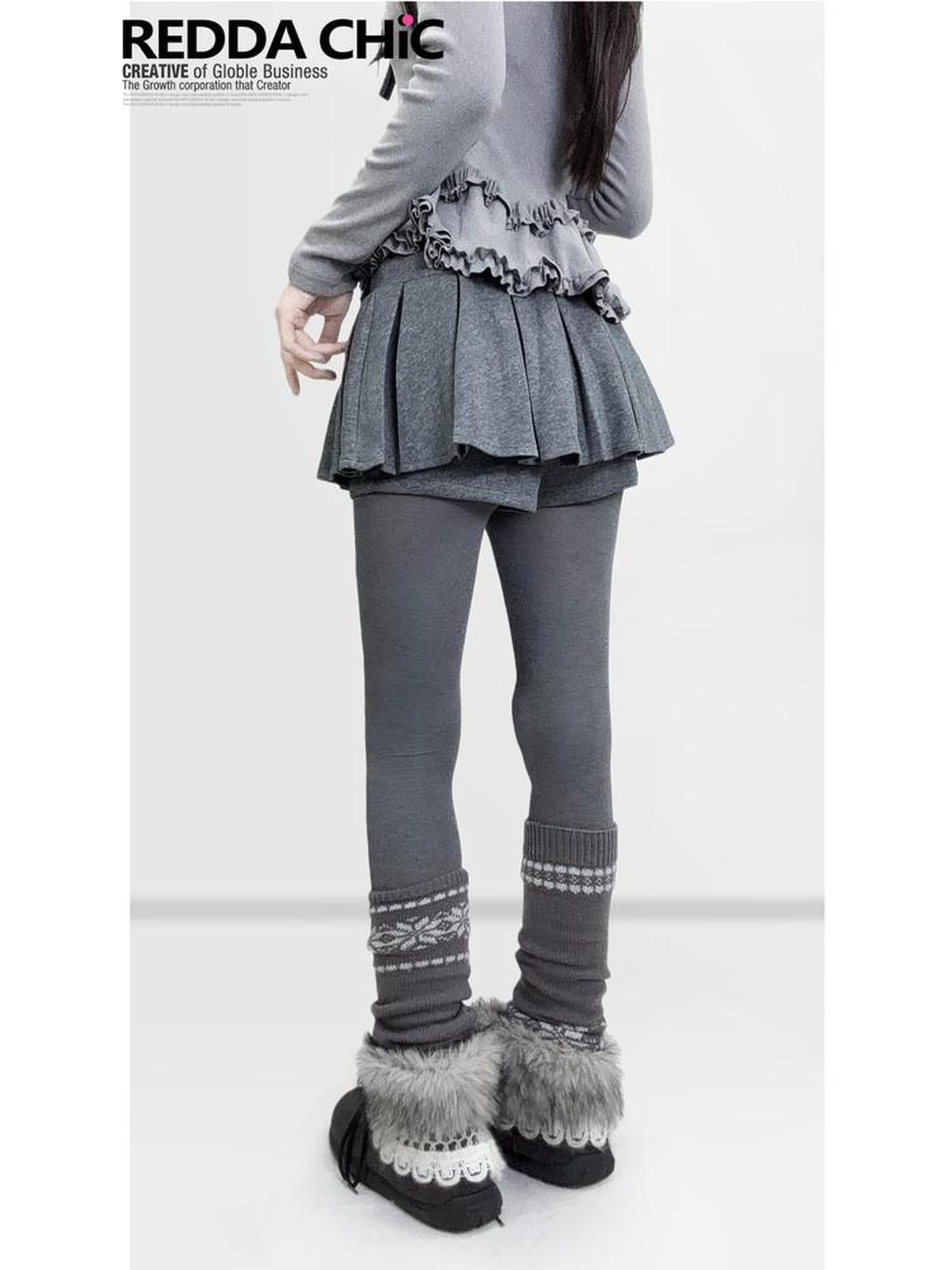 REDDACHIC Gray Pleated A Line Spliced Ruffle Low Waist Women'S Woolen Mini Skirts