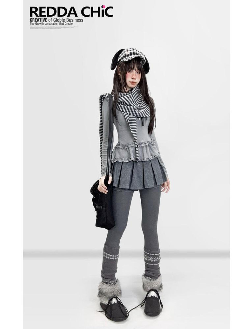 REDDACHIC Gray Pleated A Line Spliced Ruffle Low Waist Women'S Woolen Mini Skirts