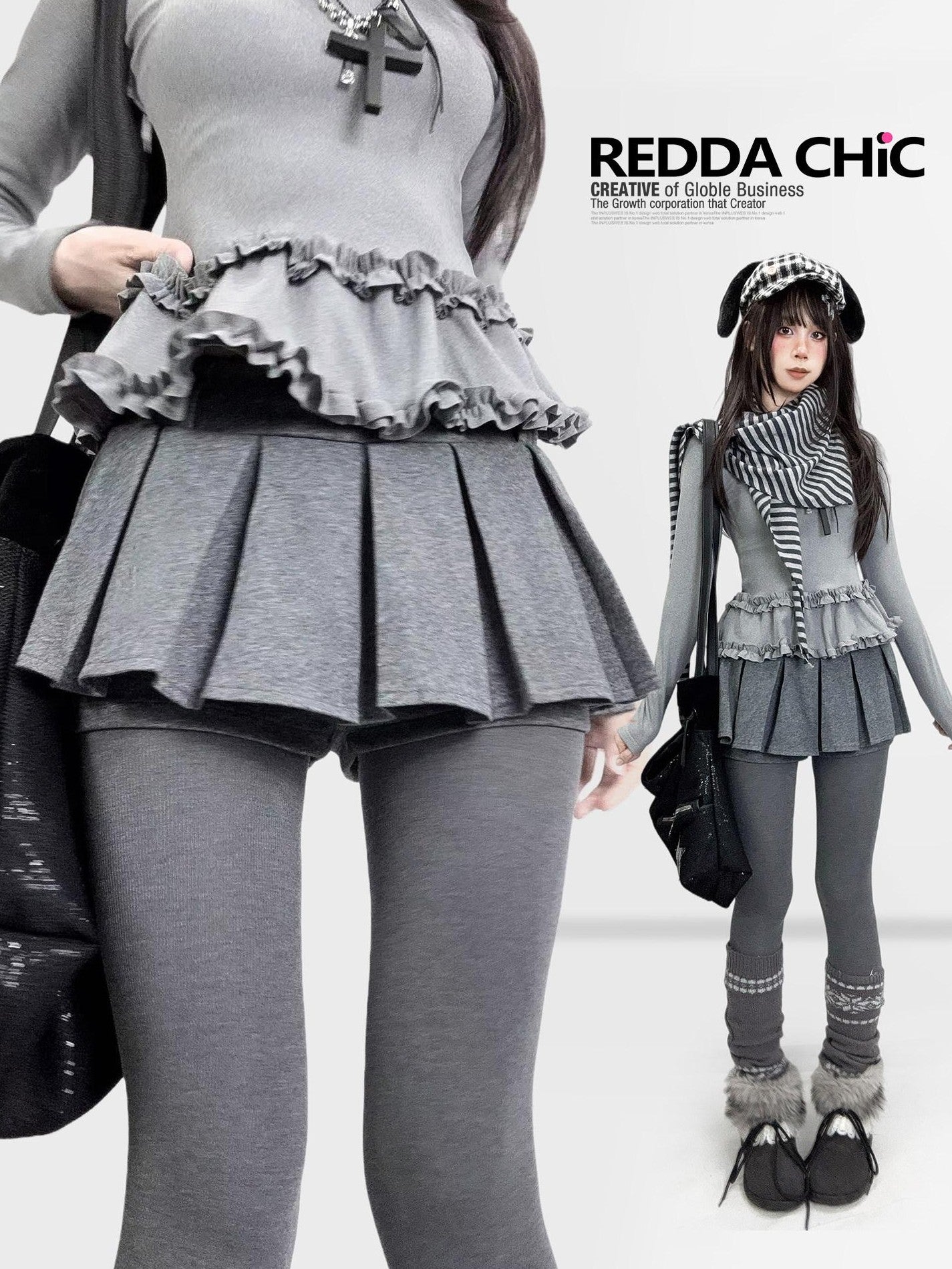 REDDACHIC Gray Pleated A Line Spliced Ruffle Low Waist Women'S Woolen Mini Skirts