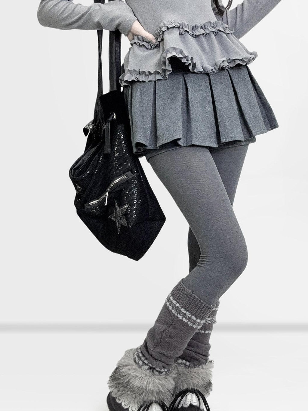 REDDACHIC Gray Pleated A Line Spliced Ruffle Low Waist Women'S Woolen Mini Skirts