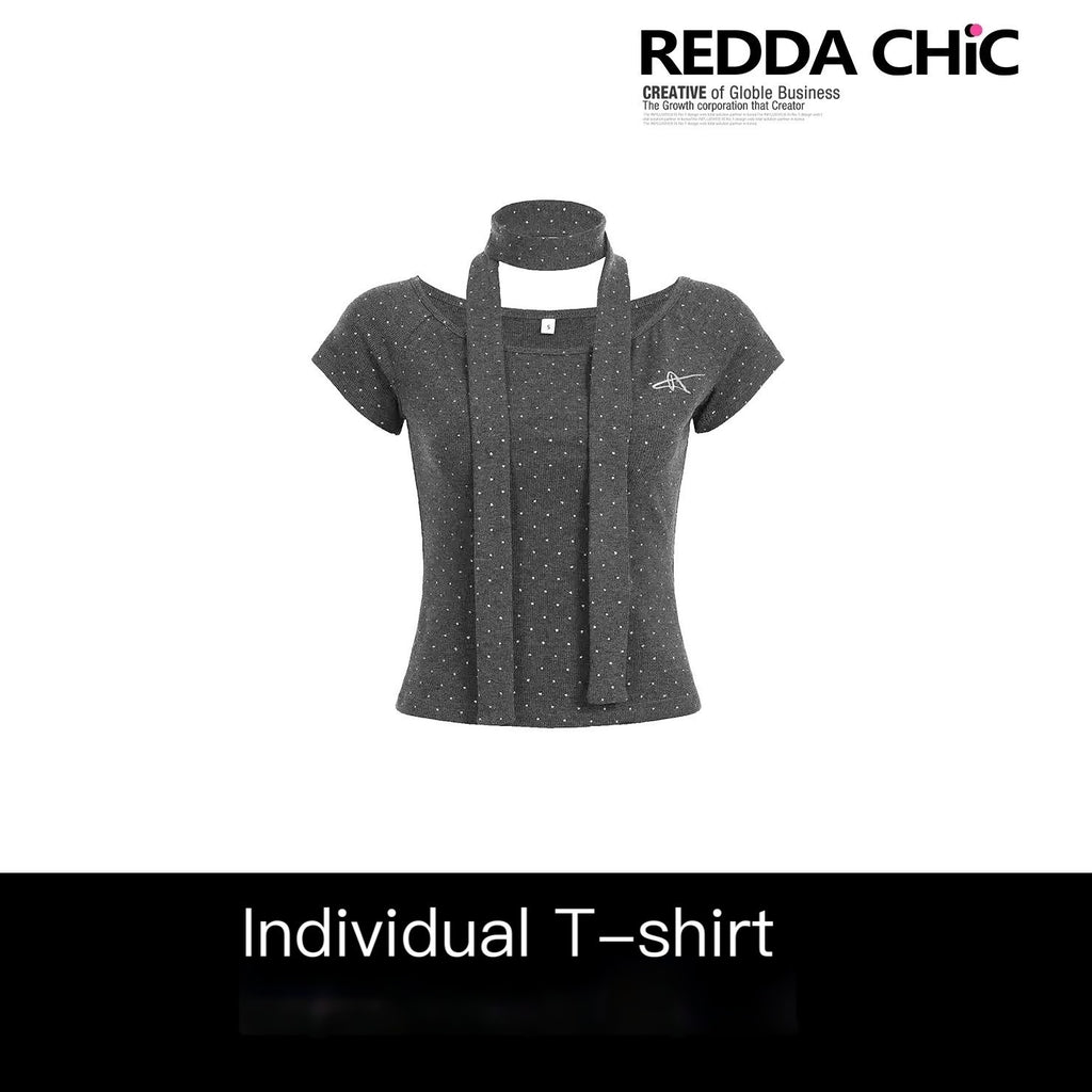 REDDACHIC_Gray_Polka_Dot_Shimmer_Cropped_Fitted_Women'S_Short_Sleeve_T-Shirts_MISSTT