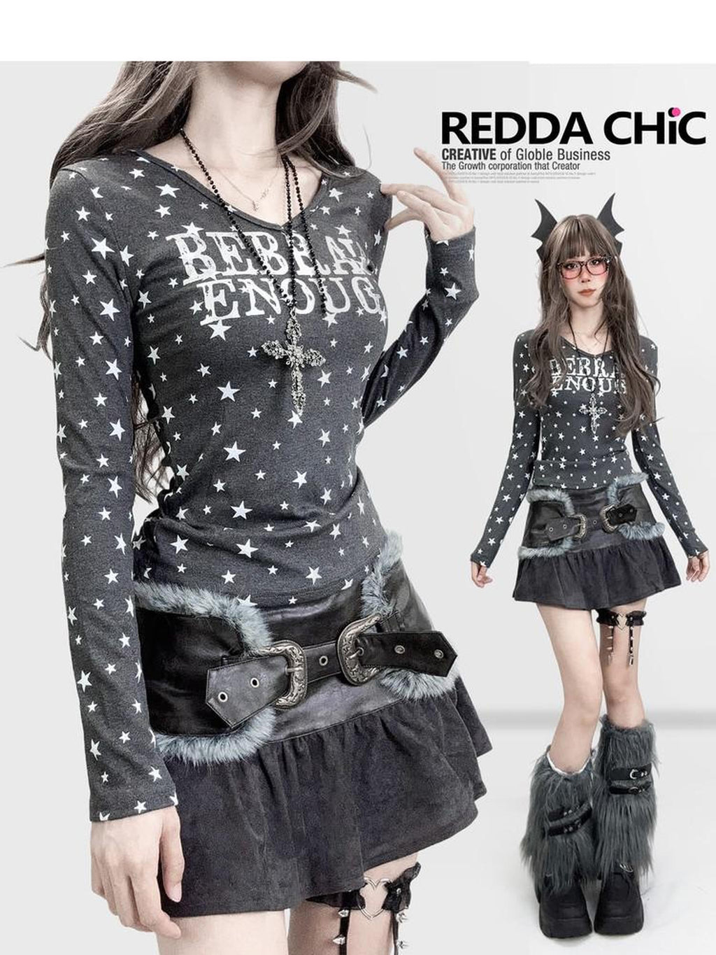 REDDACHIC Gray Star Letter Print V-neck Cinched Waist Cropped Women'S Long Sleeve T-Shirts
