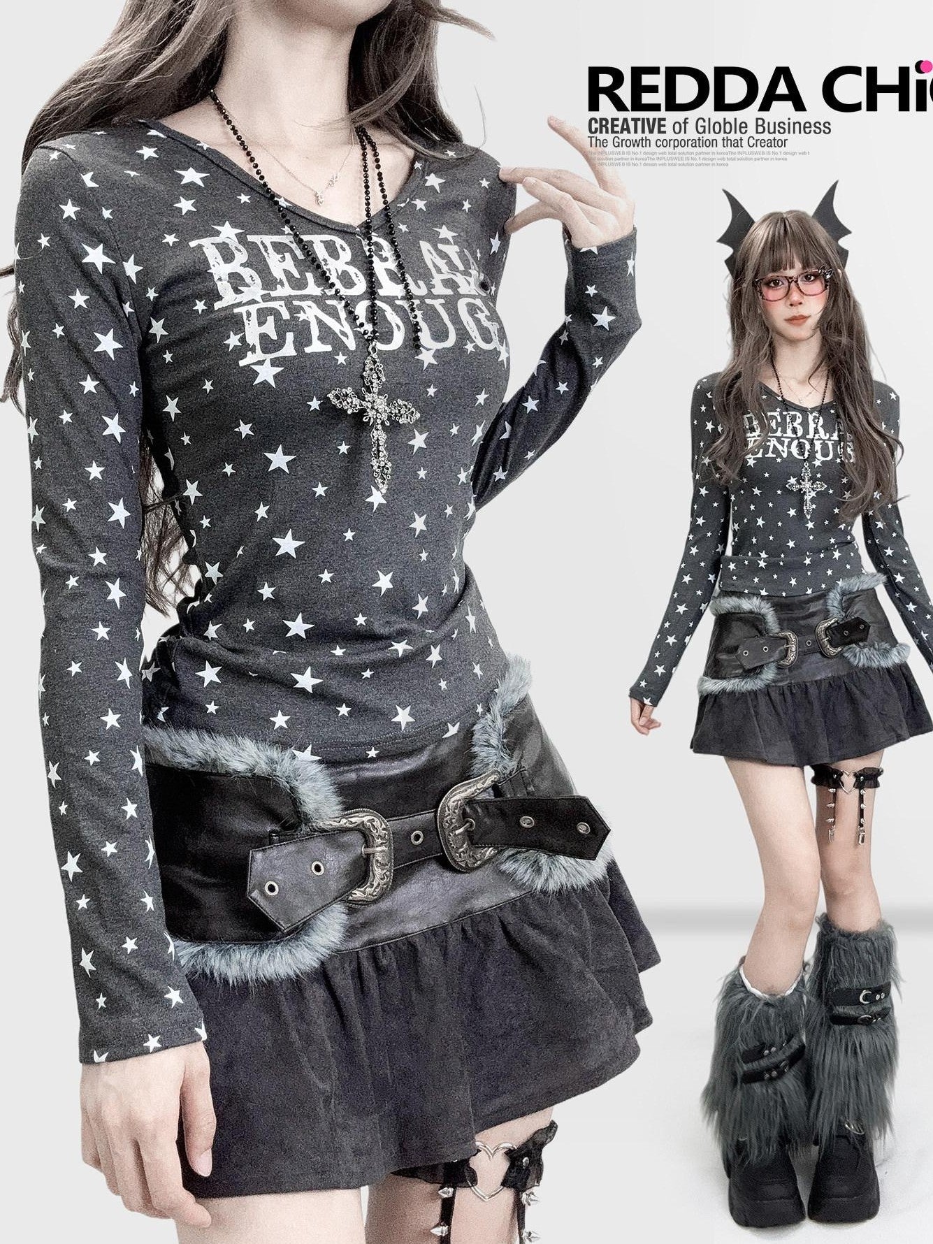 REDDACHIC Gray Star Letter Print V-neck Cinched Waist Cropped Women'S Long Sleeve T-Shirts