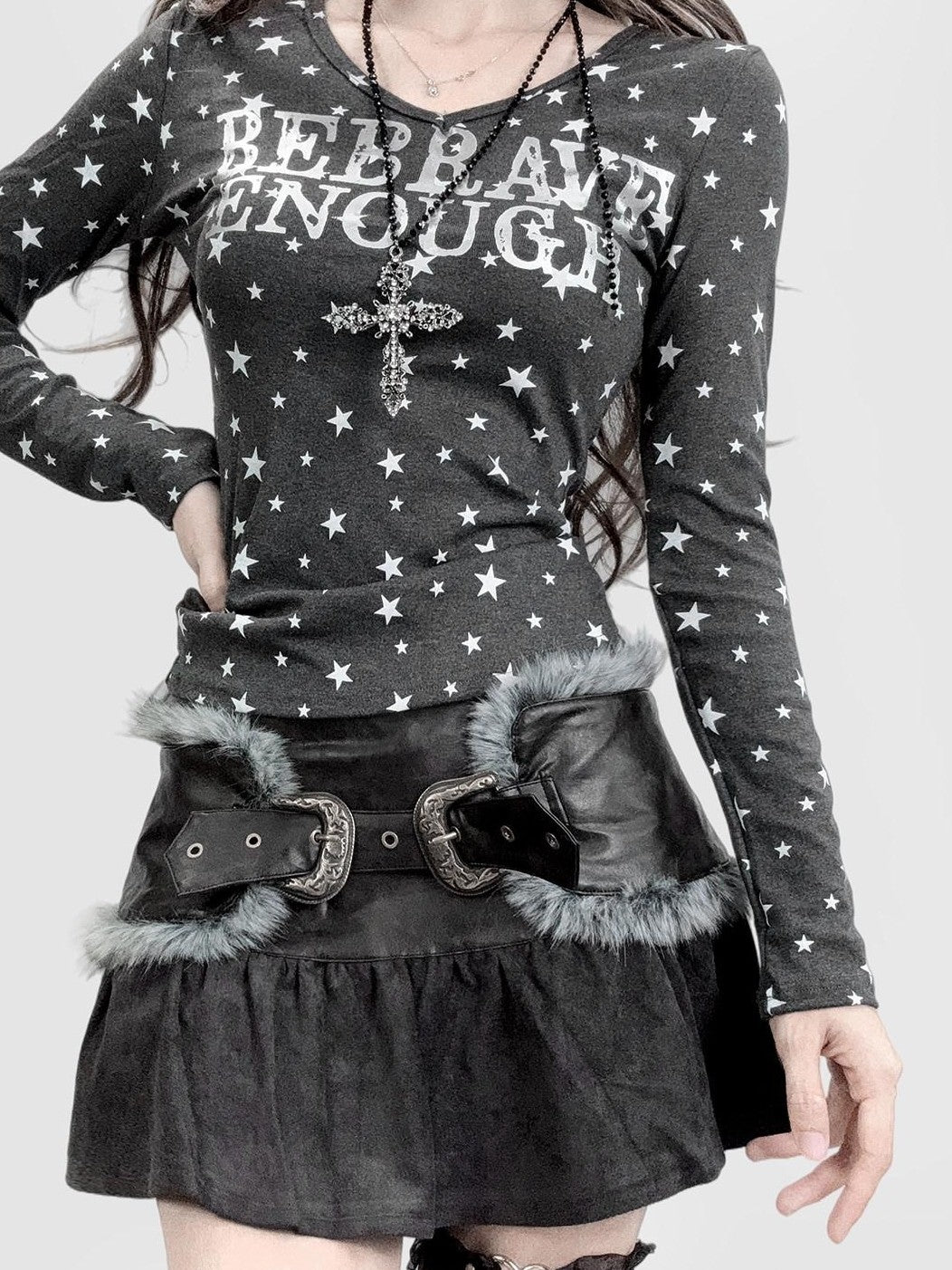 REDDACHIC Gray Star Letter Print V-neck Cinched Waist Cropped Women'S Long Sleeve T-Shirts