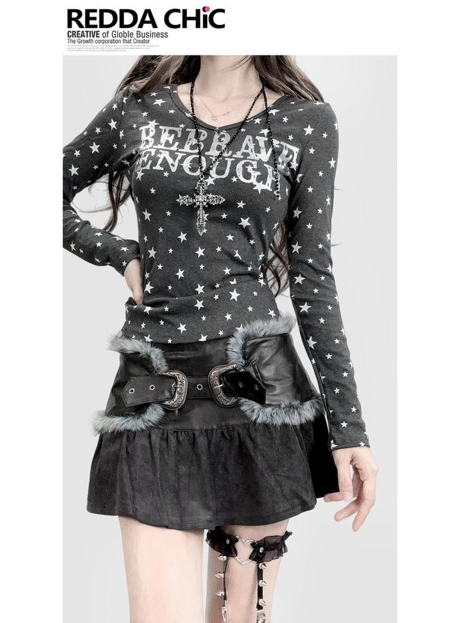 REDDACHIC Gray Star Letter Print V-neck Cinched Waist Cropped Women'S Long Sleeve T-Shirts