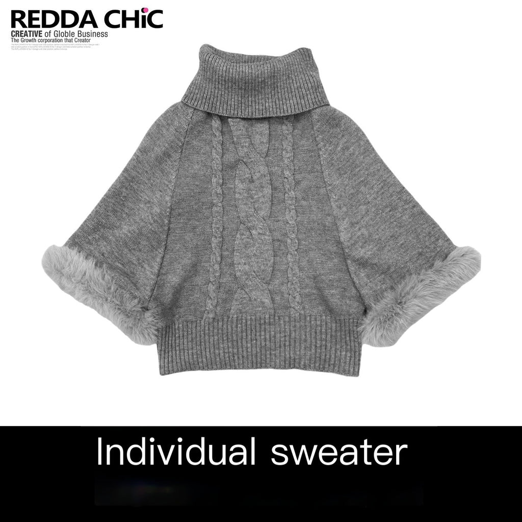 REDDACHIC_Gray_Turtleneck_Cape_Batwing_Women'S_Cable_Knit_Fur_Trim_Layered_Sweaters_MISSTT