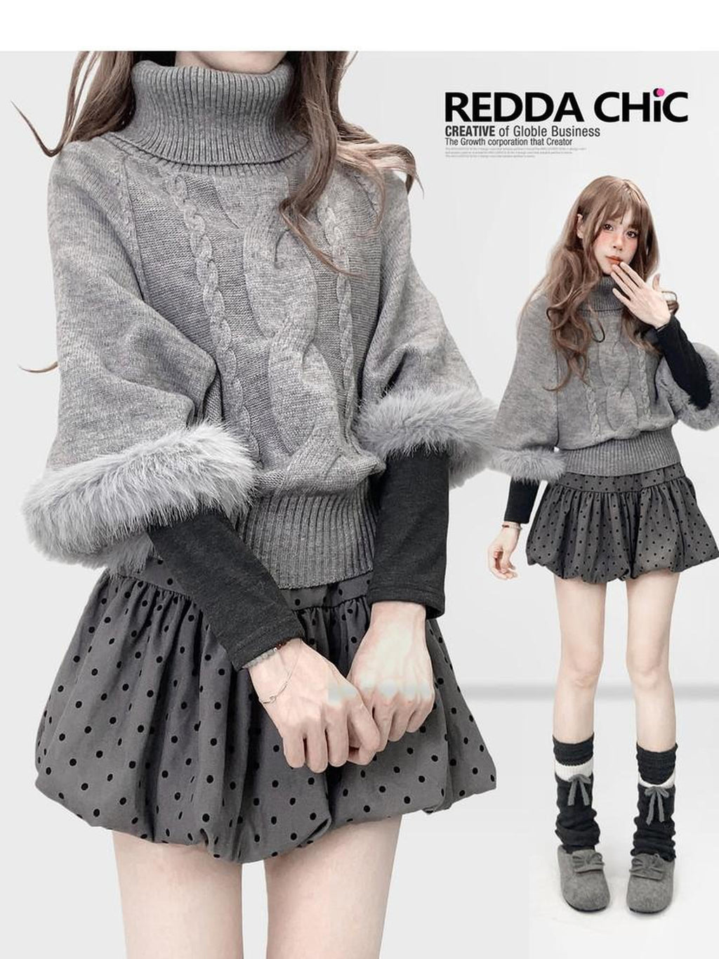 REDDACHIC Gray Turtleneck Cape Batwing Women'S Cable Knit Fur Trim Layered Sweaters