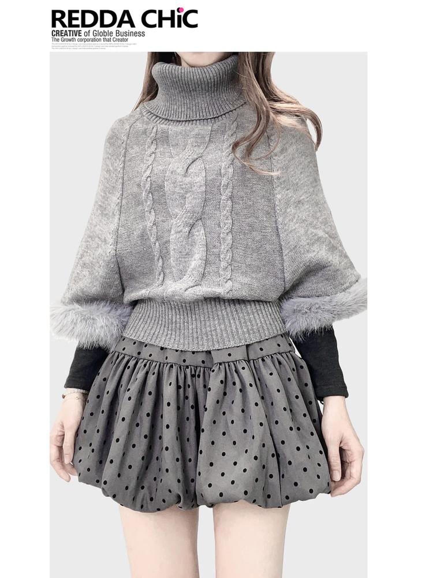 REDDACHIC Gray Turtleneck Cape Batwing Women'S Cable Knit Fur Trim Layered Sweaters