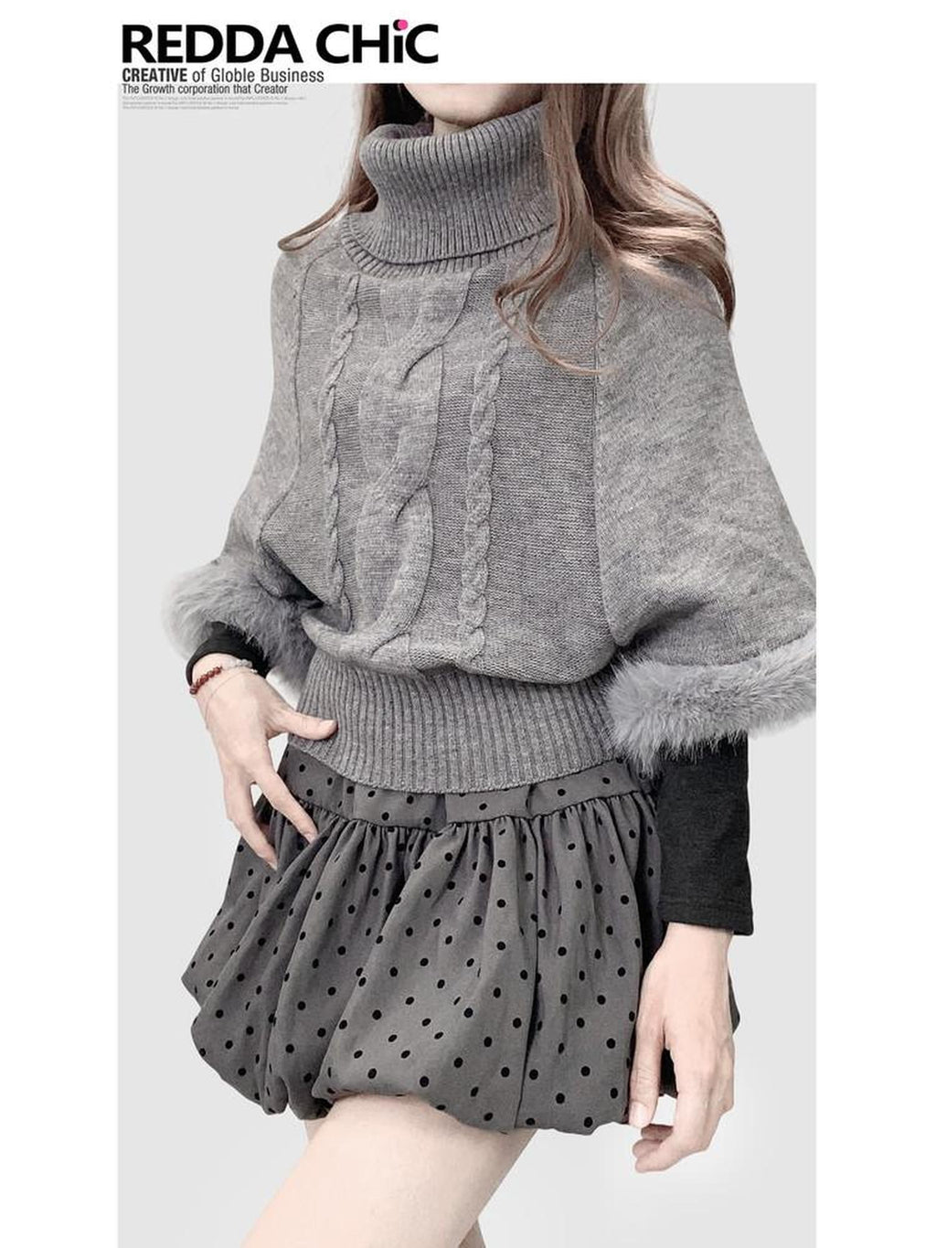 REDDACHIC Gray Turtleneck Cape Batwing Women'S Cable Knit Fur Trim Layered Sweaters