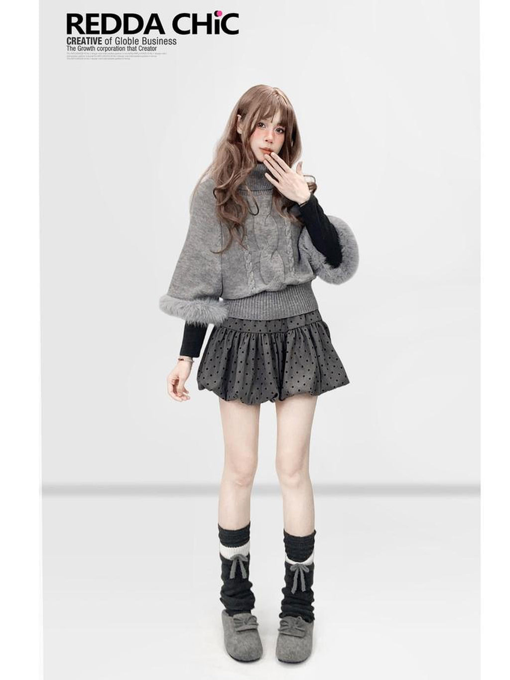 REDDACHIC Gray Turtleneck Cape Batwing Women'S Cable Knit Fur Trim Layered Sweaters