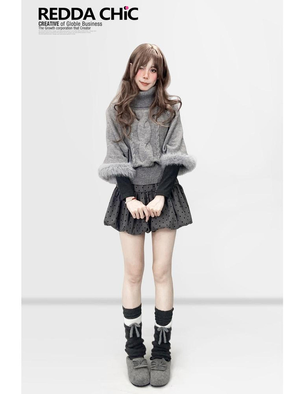 REDDACHIC Gray Turtleneck Cape Batwing Women'S Cable Knit Fur Trim Layered Sweaters