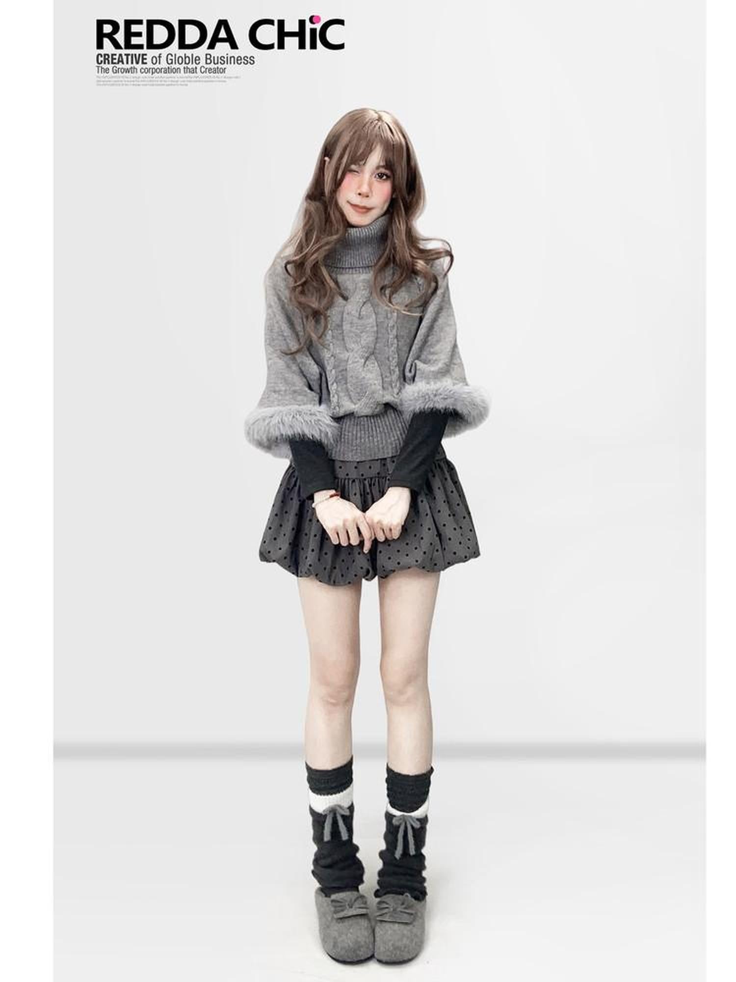 REDDACHIC Gray Turtleneck Cape Batwing Women'S Cable Knit Fur Trim Layered Sweaters