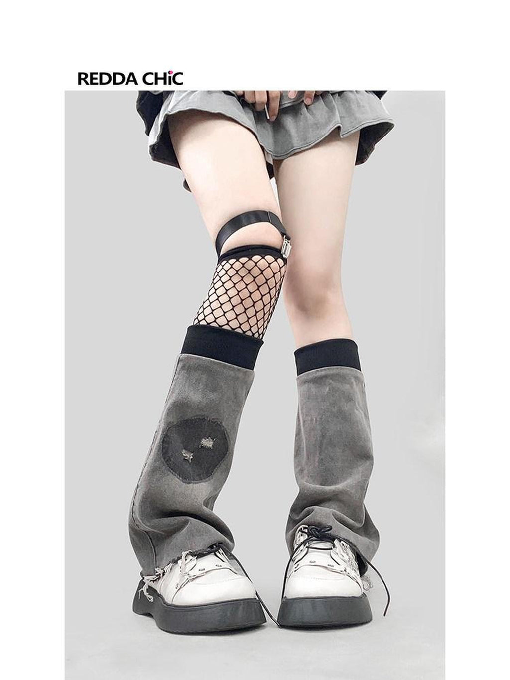 REDDACHIC Gray Washed Smiley Tie Slouchy Mid Calf Women'S Denim Leg Warmers