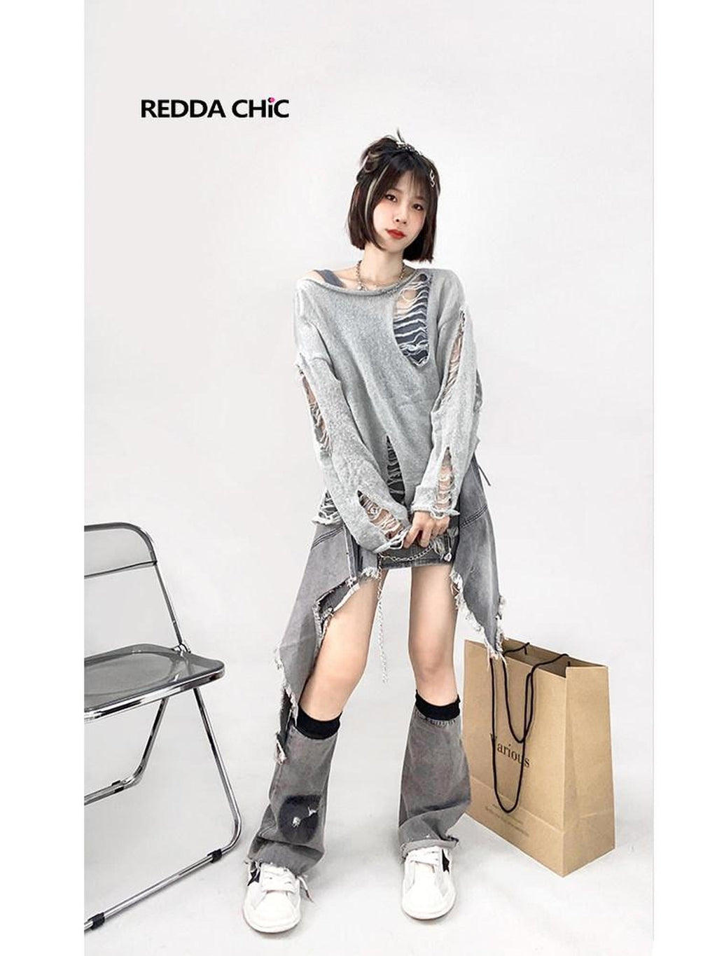 REDDACHIC Gray Washed Smiley Tie Slouchy Mid Calf Women'S Denim Leg Warmers